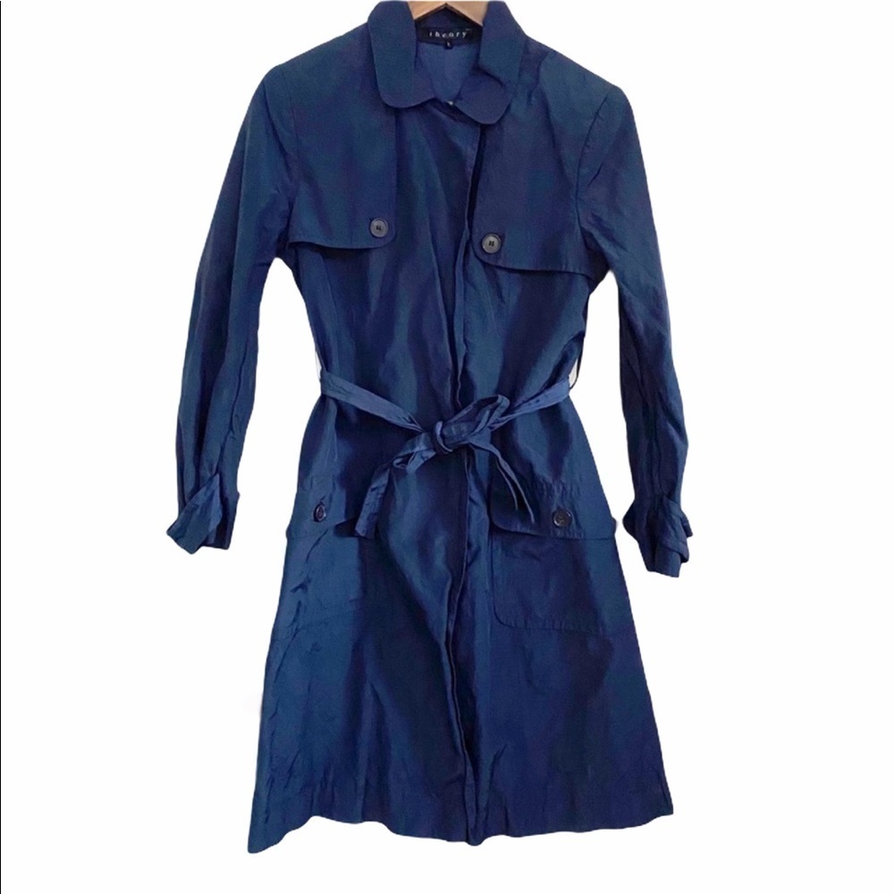 Theory Water Resistant Green/Blue Belt Trench Coat Rain Jacket